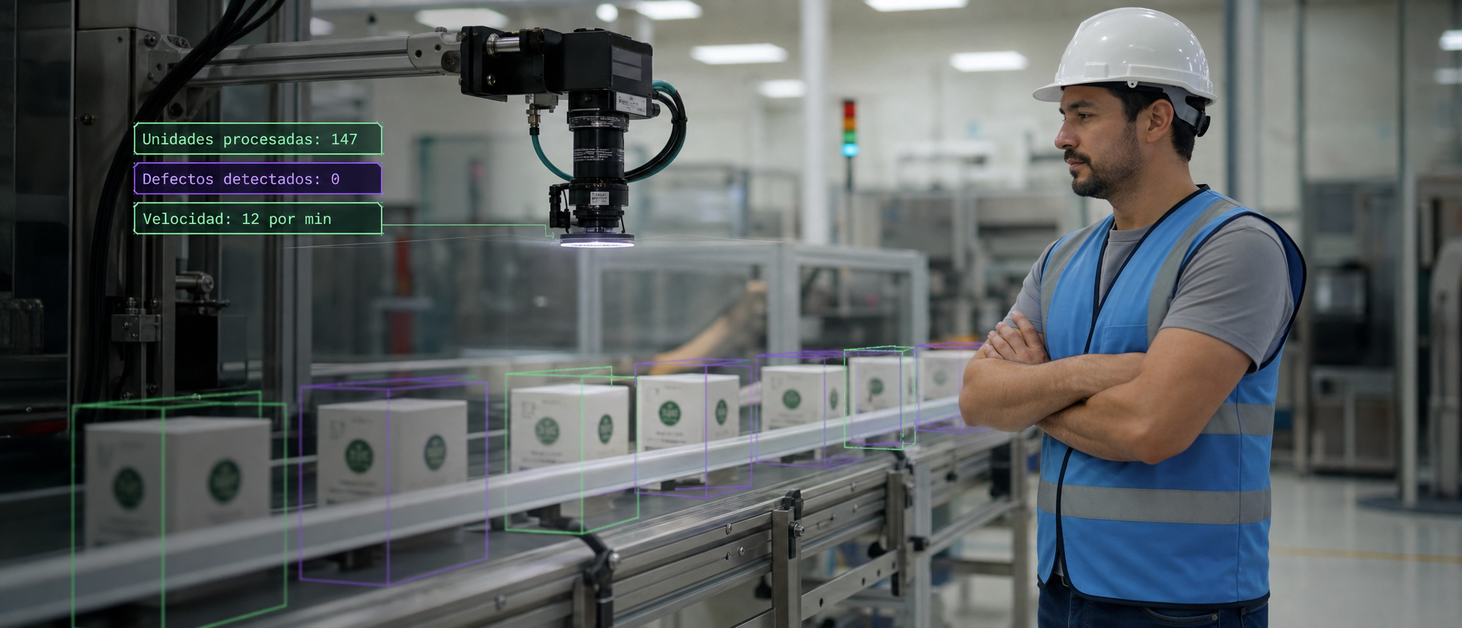 ¿Qué es Computer Vision o Visión por Computadora? 2 Cámara de computer vision montada sobre cinta transportadora industrial detectando y clasificando unidades en tiempo real, con operario supervisando el proceso de manufactura