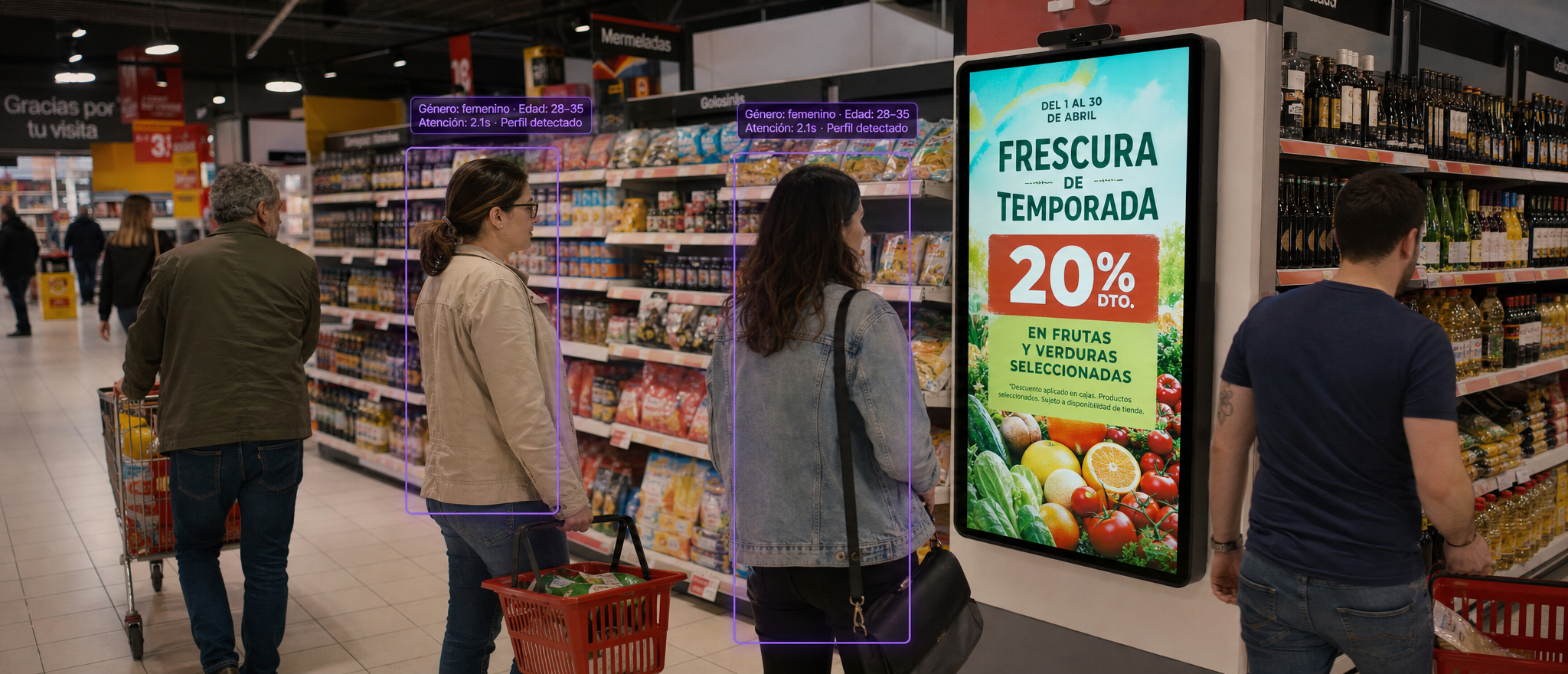 ¿Qué es Computer Vision o Visión por Computadora? 1 Sistema de computer vision con cámara integrada en cartelería digital de supermercado, detectando perfil y tiempo de atención de clientes casuales en el pasillo