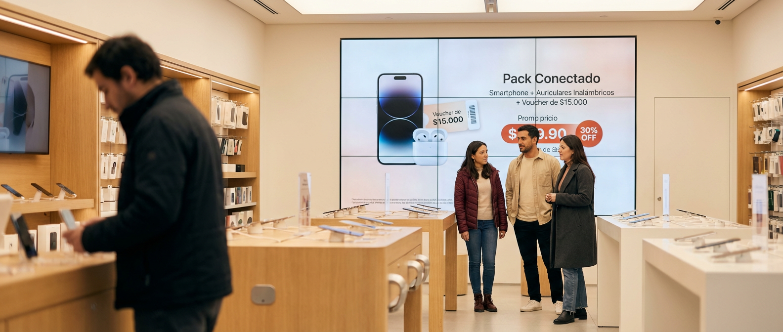 Del efecto wow a los resultados medibles: el nuevo rol de la cartelería digital en la estrategia retail 2 Cartelería digital retail — pantalla en punto de venta con cliente interactuando