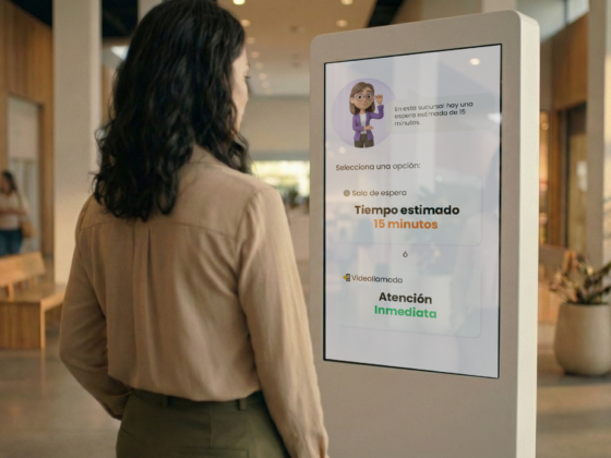 Persona interactuando con el agente de atención con IA Tina de Woxi en un tótem de autoservicio en una sucursal con avatar digital en pantalla