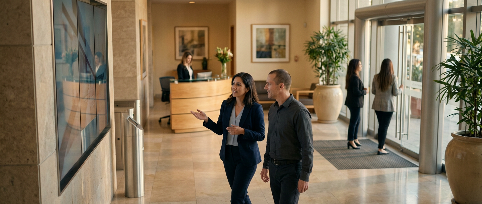 Cartelería digital en empresas: por qué muchas pantallas no convierten 2 cartelería digital en empresas corporativas mostrando mensajes internos y campañas de influencia.