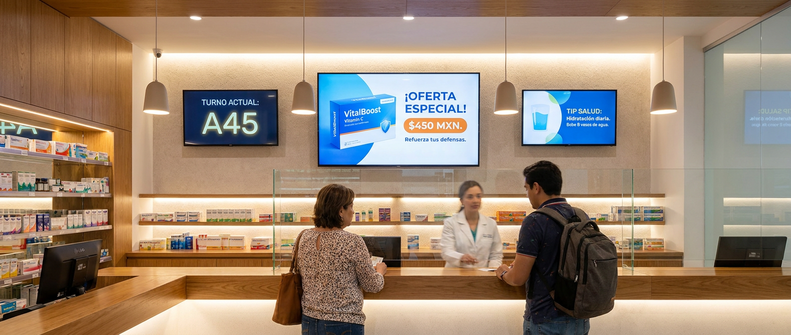 Cómo lograr impacto medible con Cartelería Digital en LATAM 2 cartelería digital en farmacia con pantalla de producto, turnos y noticias