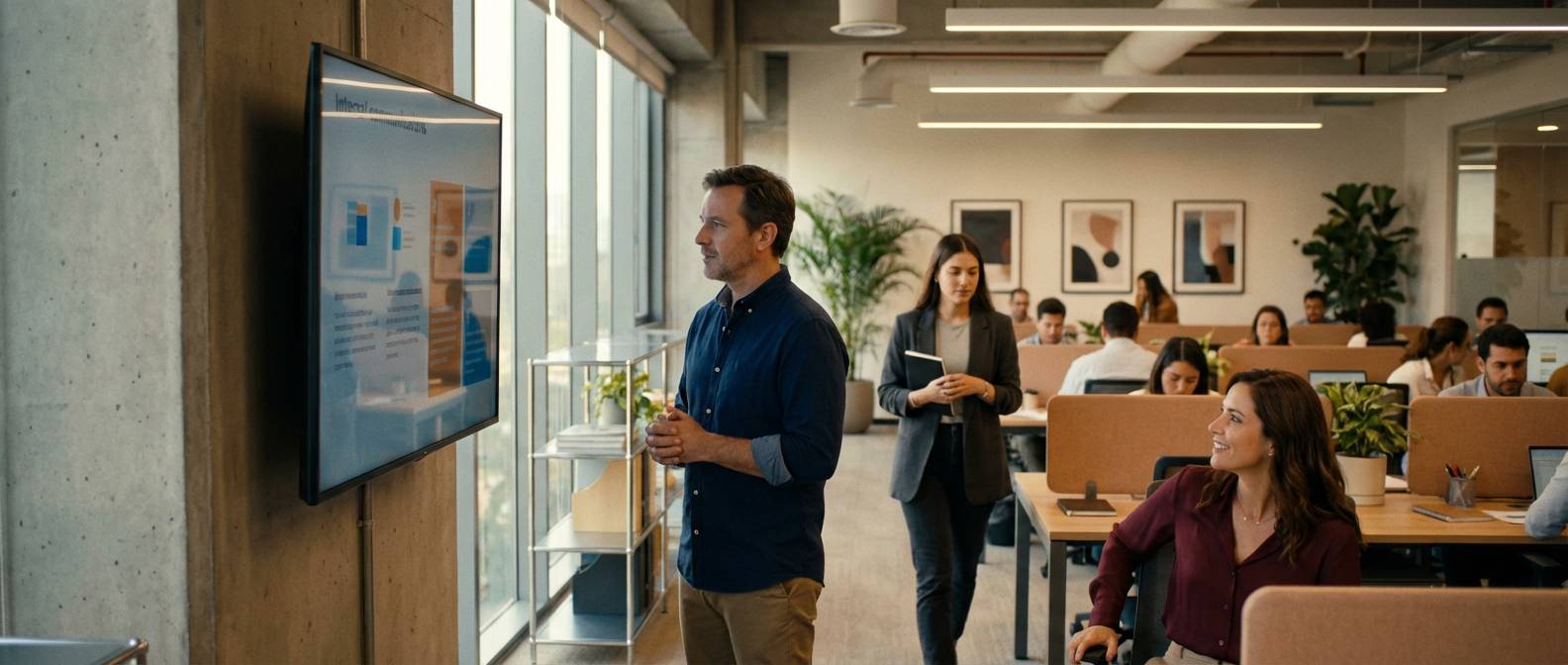 Comunicación interna en las empresas: por qué falla y cómo corregirla 4 Reunión de equipo en oficina moderna, empleados dialogando sobre estrategias comunicación interna en las empresas