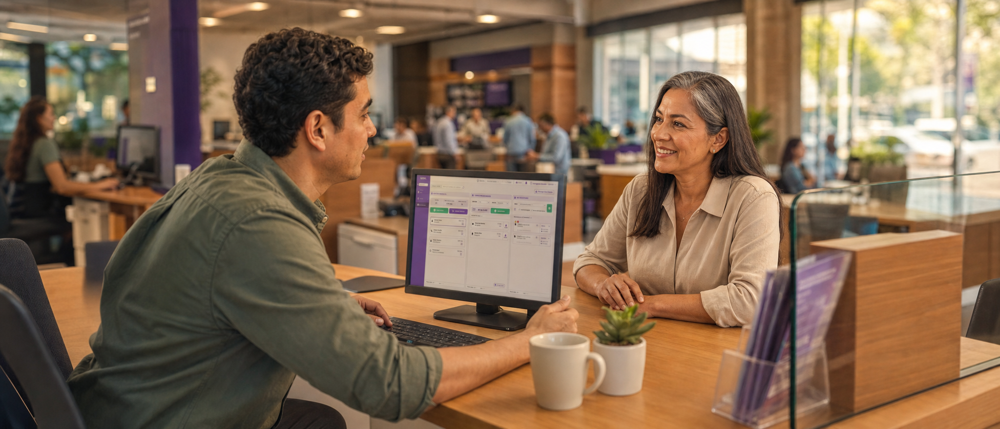 Cómo reducir tiempos de espera en atención al cliente 2 Agente de atención al cliente en sucursal latinoamericana asistiendo a una clienta con panel de gestión de turnos en pantalla, herramienta clave para reducir los tiempos de espera en atención al cliente