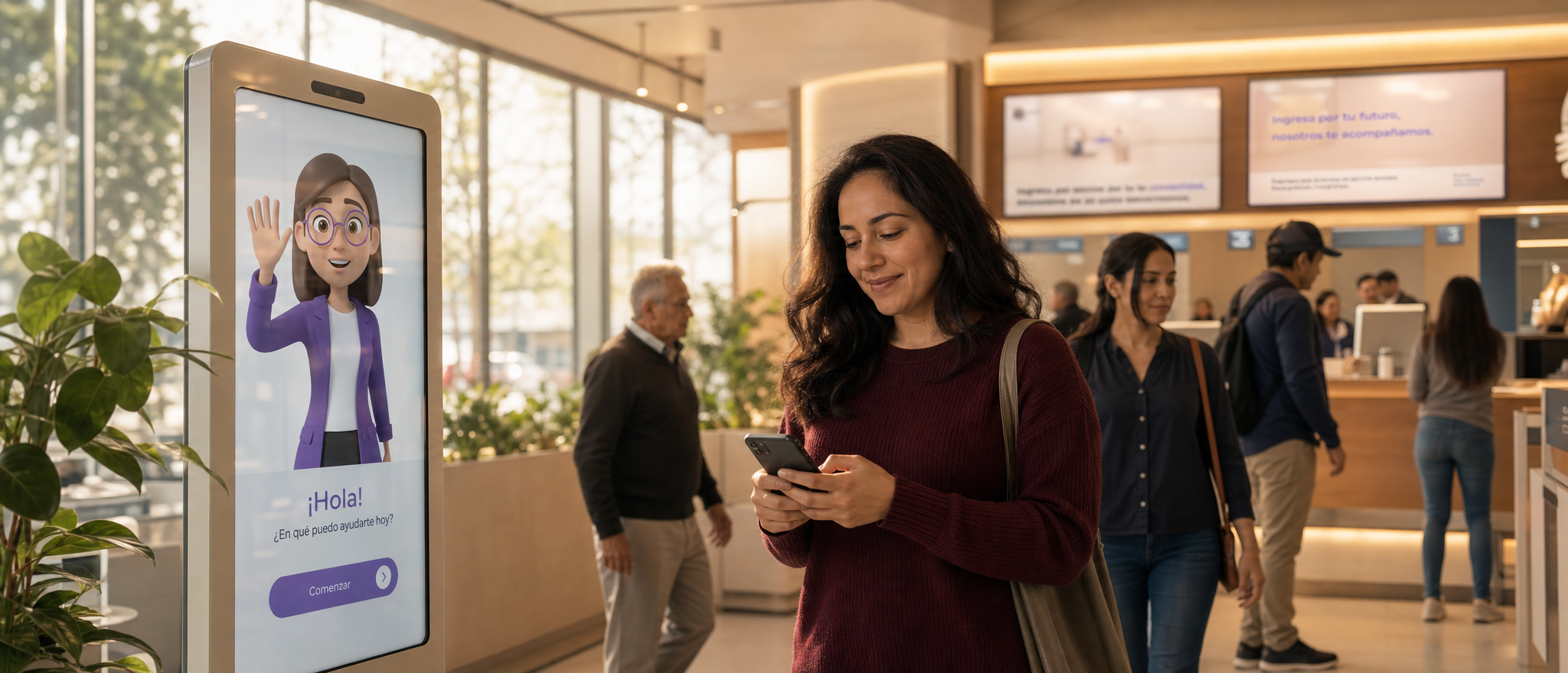 Cómo reducir tiempos de espera en atención al cliente 7 Mujer latinoamericana reservando turno desde su celular en una sucursal moderna con kiosco digital de autoservicio con avatar Tina, como parte de una arquitectura omnicanal para reducir tiempos de espera en atención al cliente