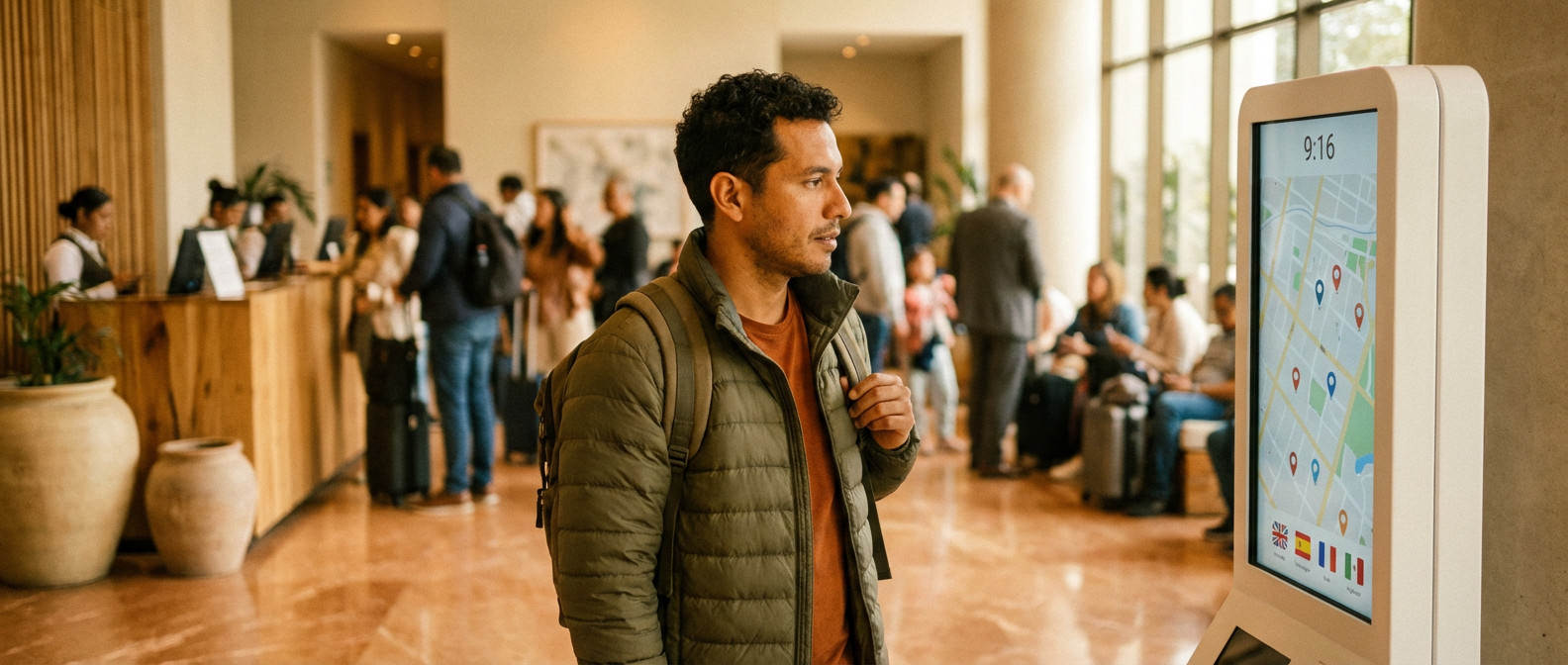 Cartelería digital para turismo: la ventaja que separa a los destinos que crecen 1 Cartelería digital para turismo — tótem interactivo en lobby de hotel