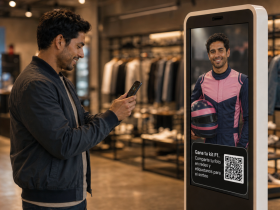 Activación de marketing experiencial con IA en pantalla digital punto de venta