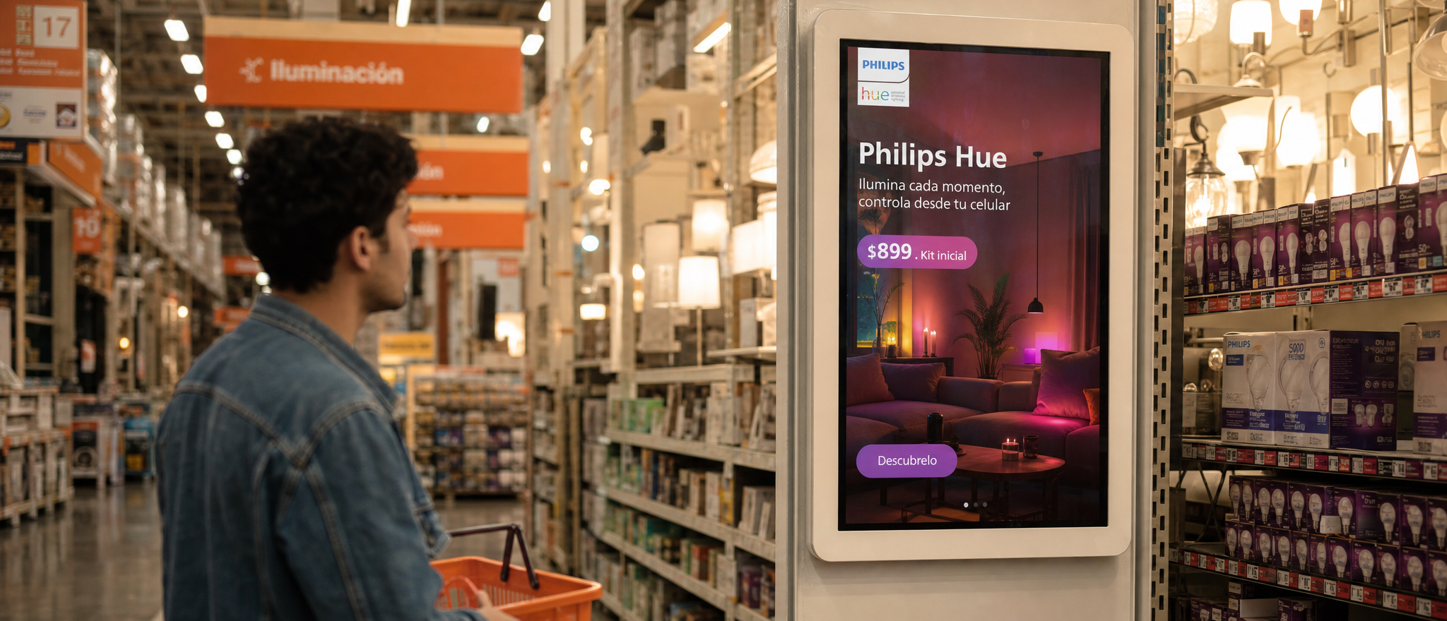 Retail media 2026: el panorama real y quién se queda el ingreso 2 Retail media in-store: pantallas de publicidad digital en la línea de cajas de un supermercado