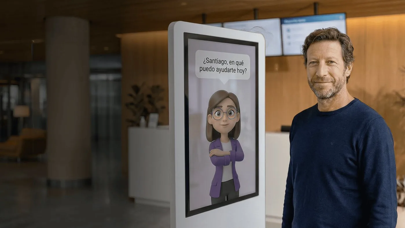 Un paciente junto al tótem de la recepción de una clínica, donde Tina Avatar lo saluda por su nombre