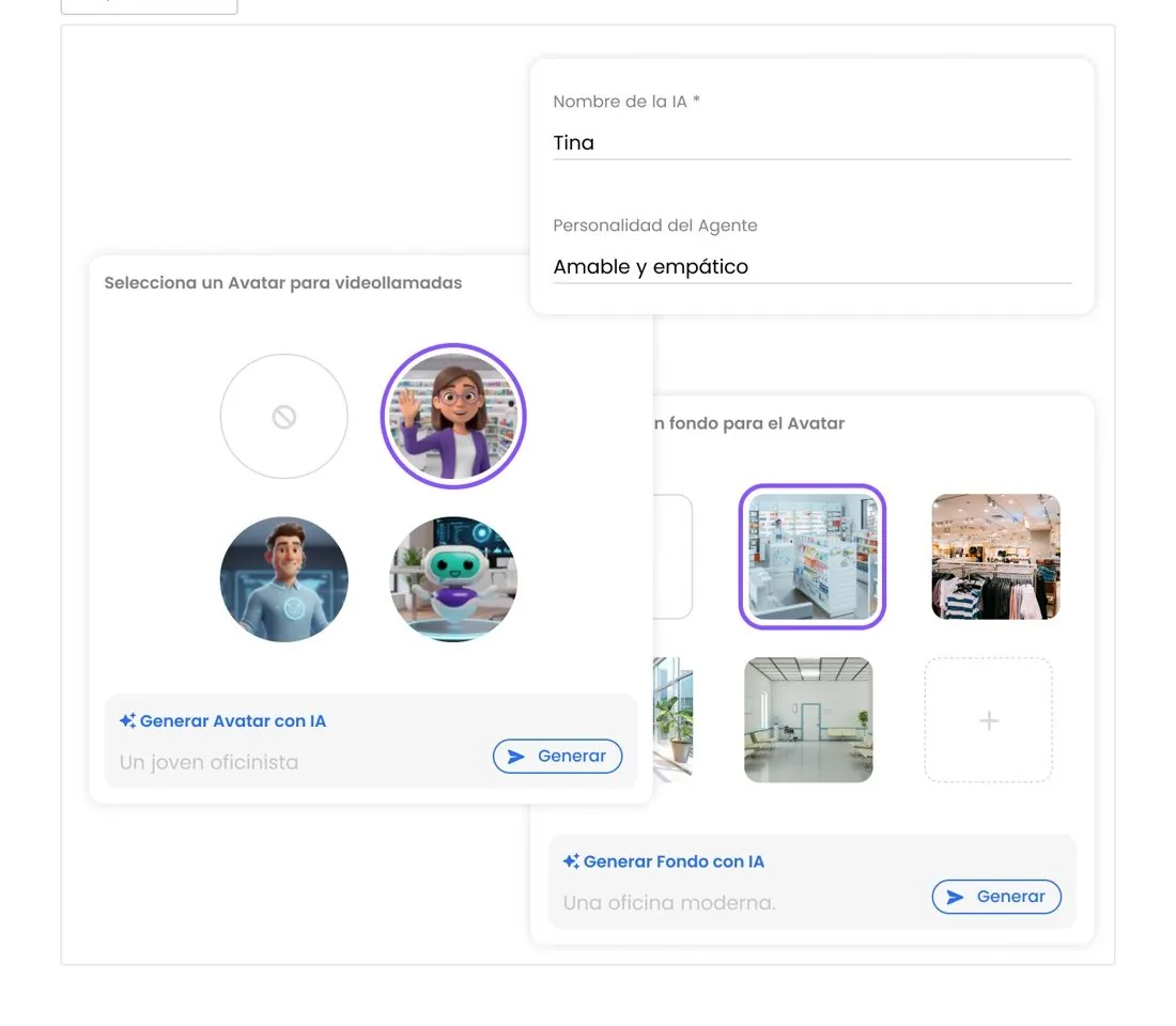 Configuración de Tina en la plataforma Woxi: nombre de la IA, personalidad del agente, avatar para videollamadas y fondo, con las opciones de generar el avatar y el fondo con IA