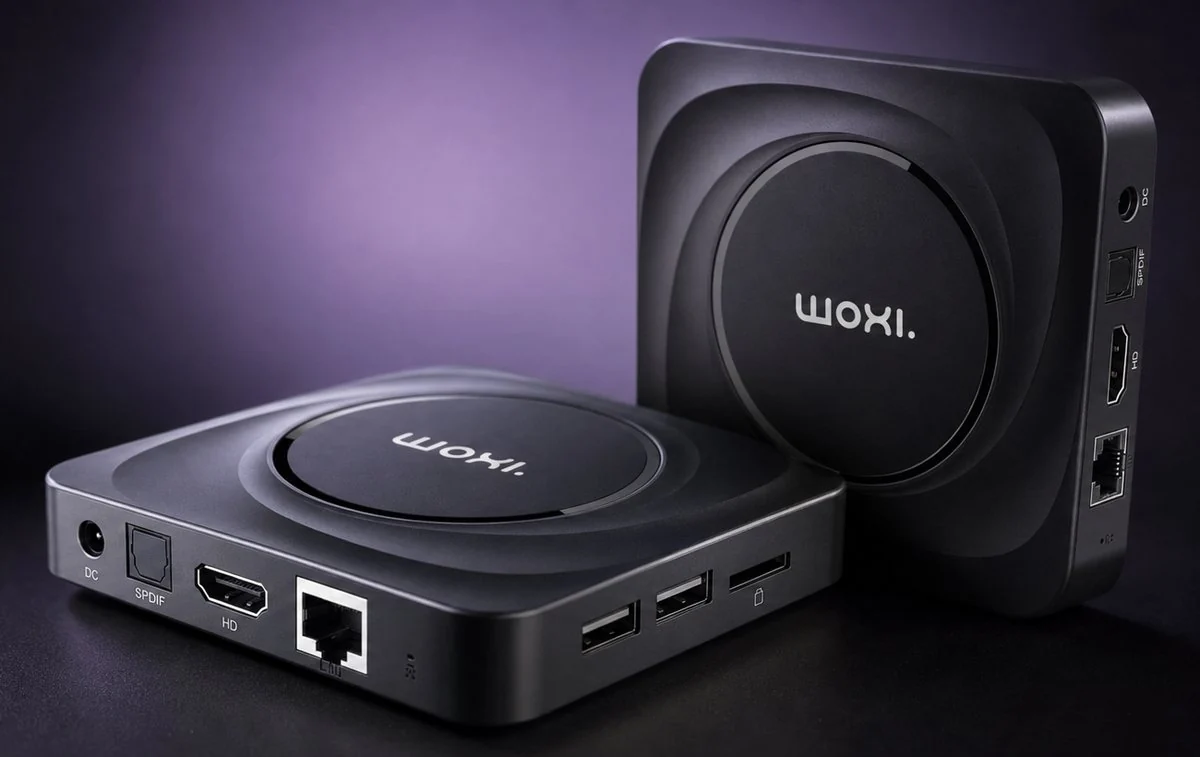 Dos Woxi Player 26.4K, uno apoyado y otro de pie, con los puertos DC, SPDIF, HDMI, Ethernet RJ45 y USB a la vista